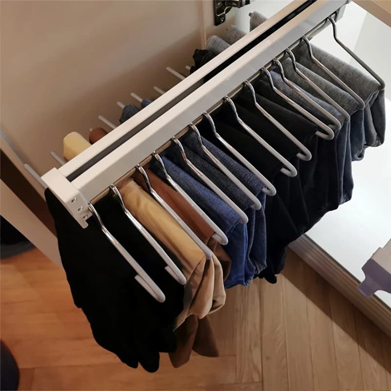 Extractable cabinet Coat rack Pants Clothes rack Telescopic rod Binario Upper mounting bar Ball bearings Diapositiva Wardrobe holders