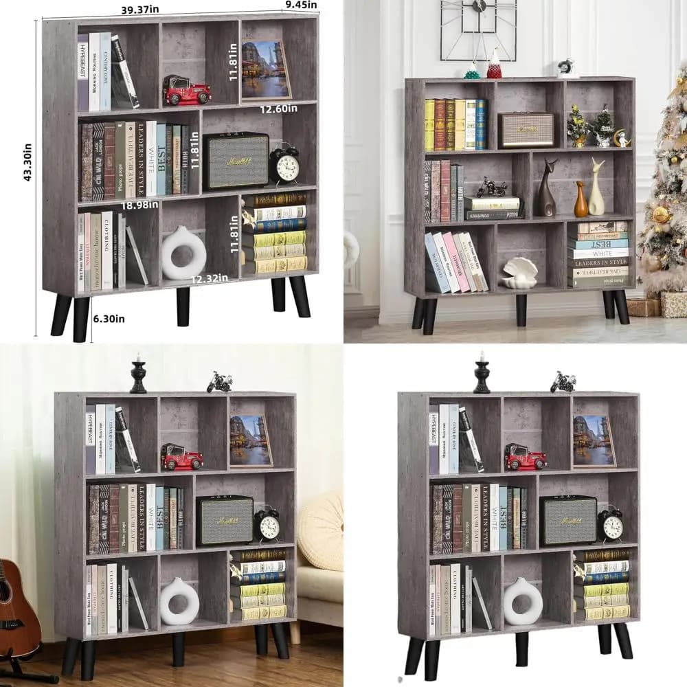 Large 3 level open storage shelf, modern gray wooden library with legs