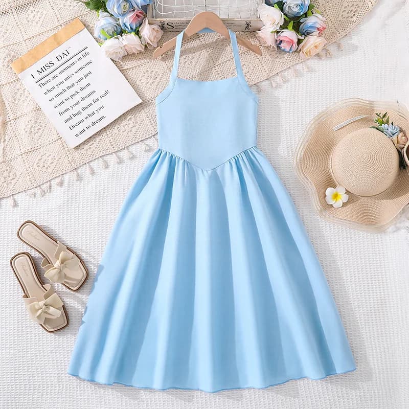 Abito Estivo Azzurro per Ragazze 8-12 Anni, Stile Senza Maniche con Collo all'Americana e Gonna Svasata, Abbigliamento Casual per Bambini