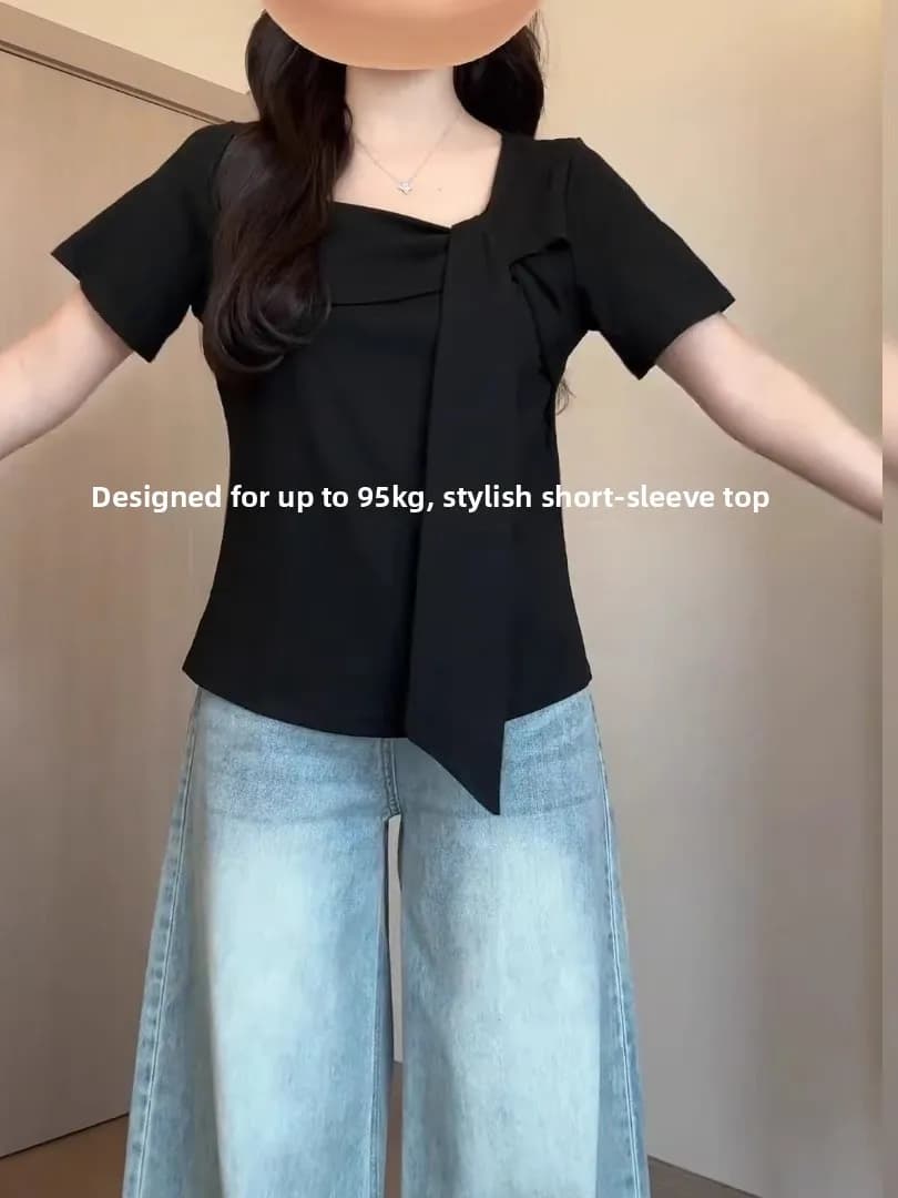 Pure Cotton Black Square Collar Short Sleeve T-Shirt Women's Summer Irregular Design plus Size Conceal Meat Slimming Body T-S...
