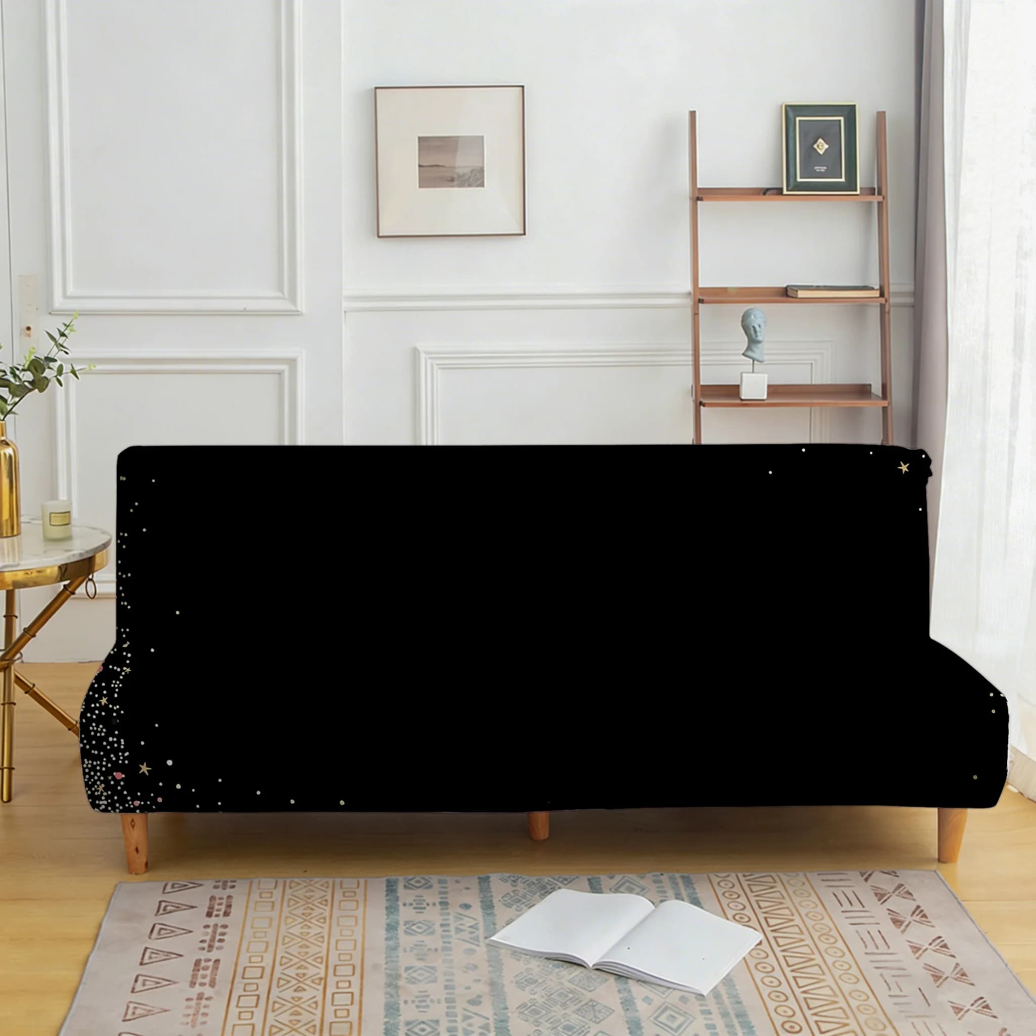 Pink Star sofa on black background, bedspread, elastic sofa without armrests, protective cover for dustproof and non-slip furniture