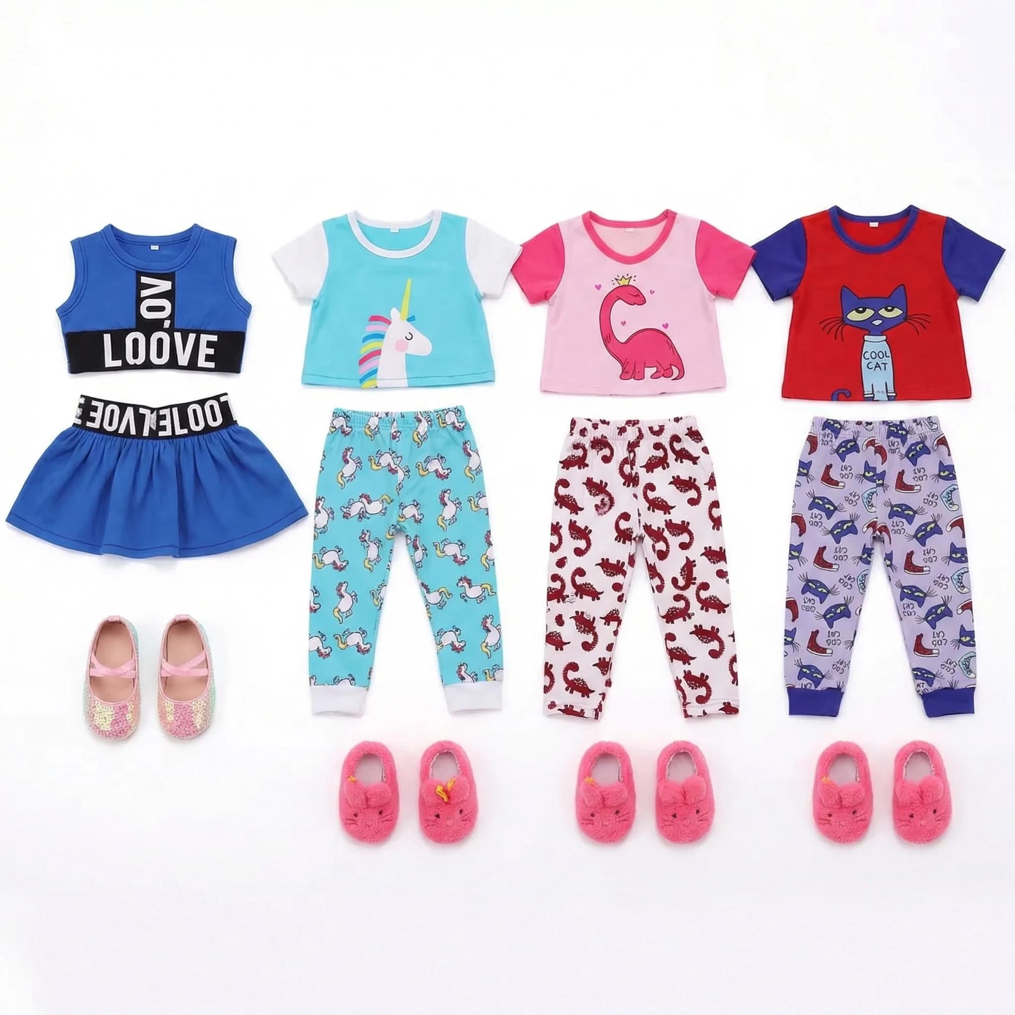 Vestiti per Bambole, Set 4 Pezzi, Camicia da Notte Multicolore, Gonne Lunghe, Abbigliamento Sportivo per Unicorno di Peluche, Accessori per Bambole Americane da 18 Pollici e Bambole Baby da 43 CM