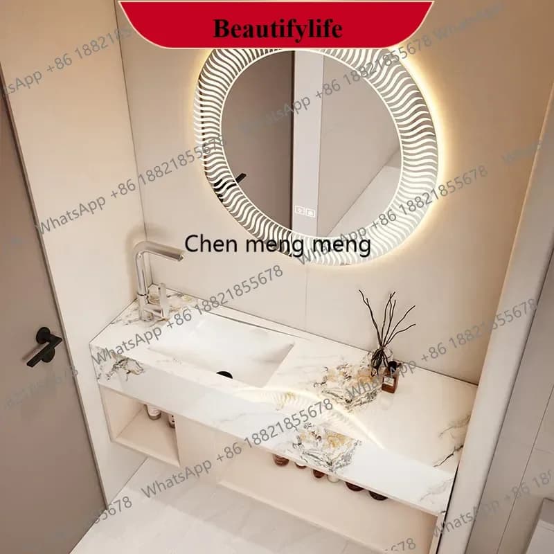 Mobile Bagno Moderno Compatto F185 con Specchio Rotondo Intelligente e Lavabo in Ceramica Effetto Roccia - Arredo Bagno