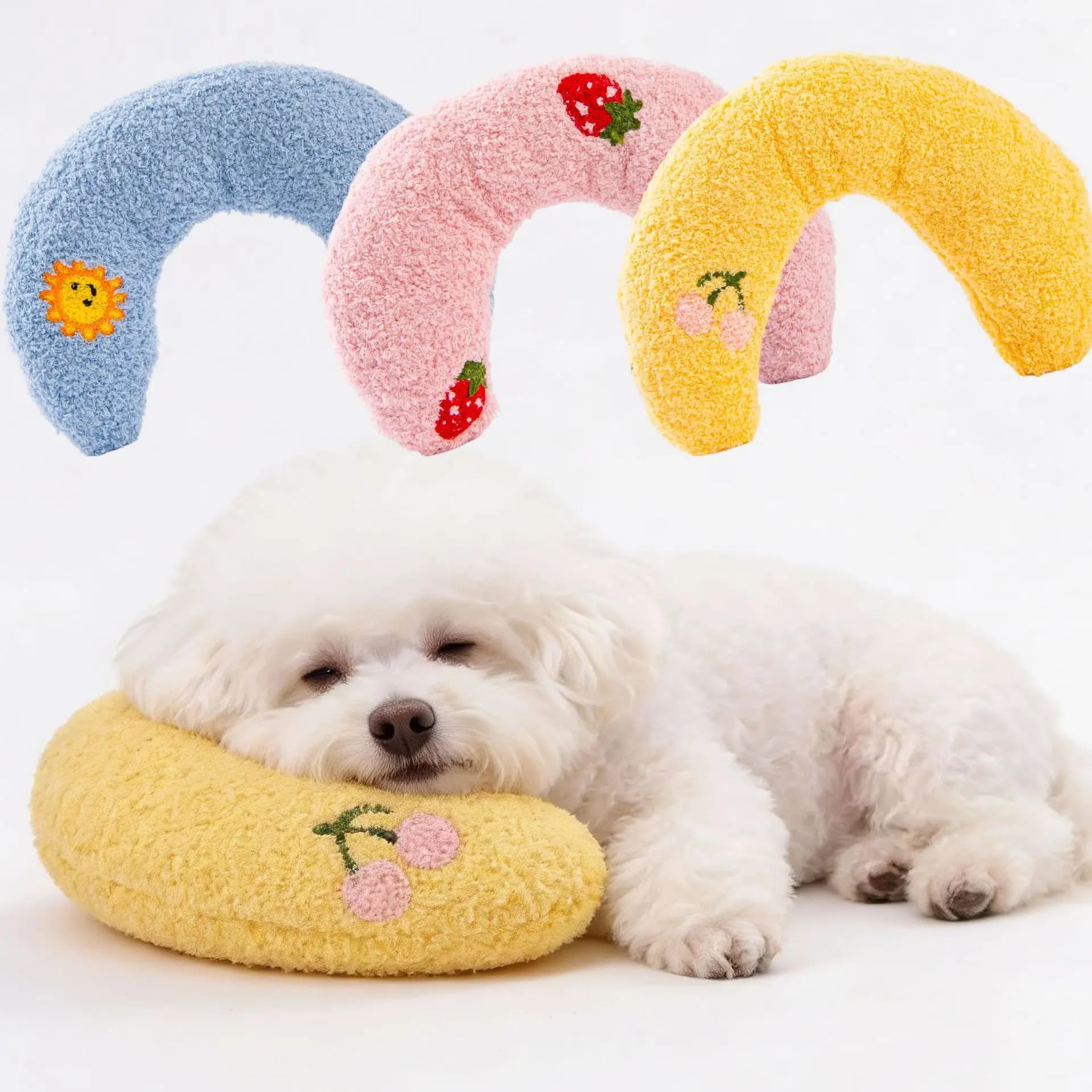 Soft Plush U-shaped Pet Neck Pillow for Small Dogs Cats Cute Cartoon Embroidery Calming Sleeping Support Cushion Anxiety Relief
