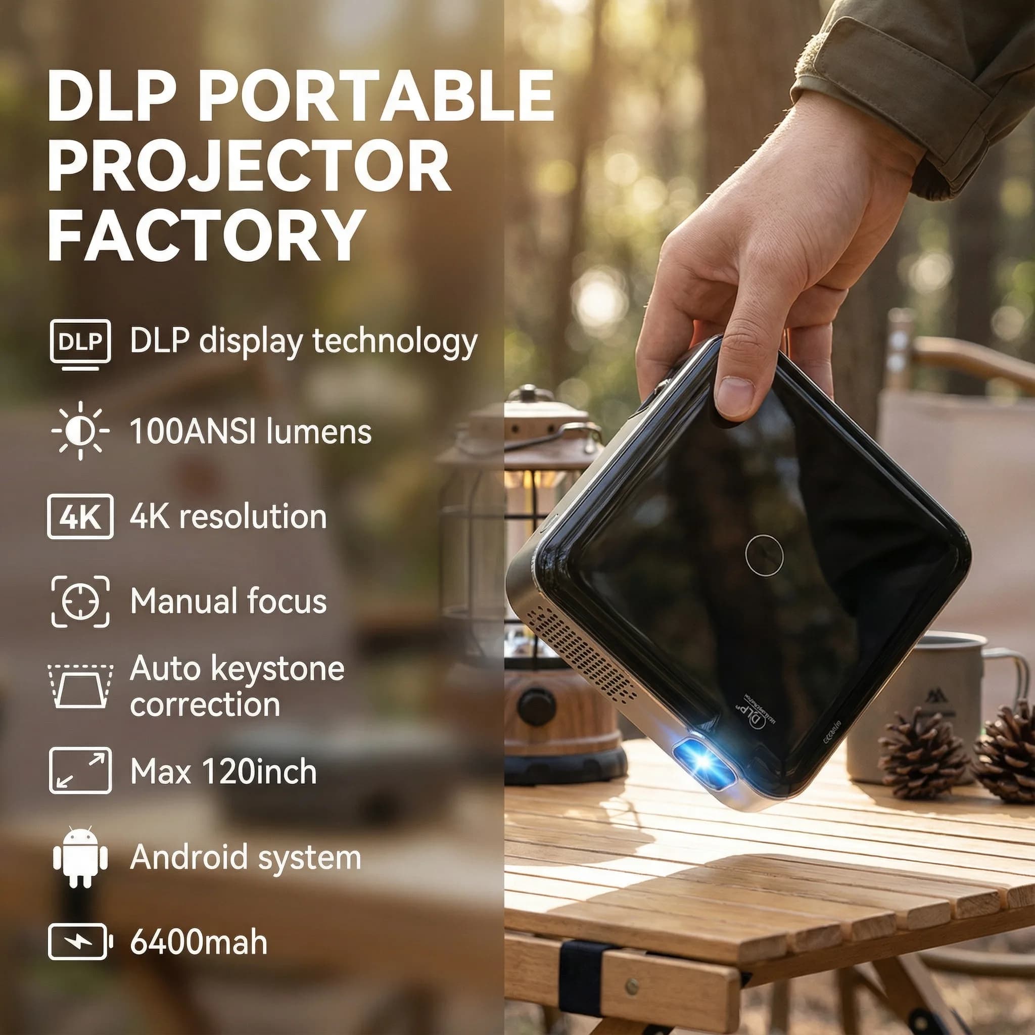 Proiettore Android 3D S100 per Esterni, Wireless, 200 LED Lumen, Proiezione a Corto Raggio 3m, Home Theatre Portatile 4K Mini DLP, 2GB RAM