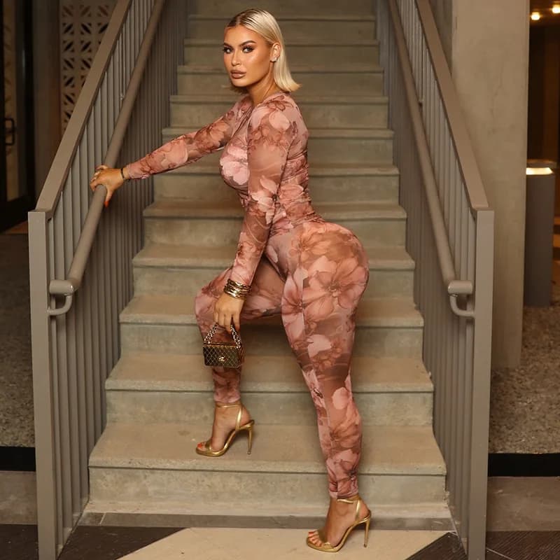 Bangniweigou flower print crew neck top hip tight pants set women mesh allover printed full sleeves sheer suit beige