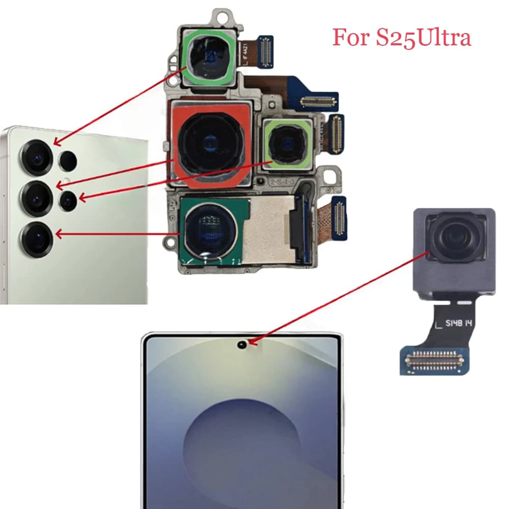 Set completo di fotocamera posteriore anteriore e completa per Samsung Galaxy S25 Selfie ultra frontale sul retro Modulo fotocamera principale Kit cavi flessibili per fotocamera