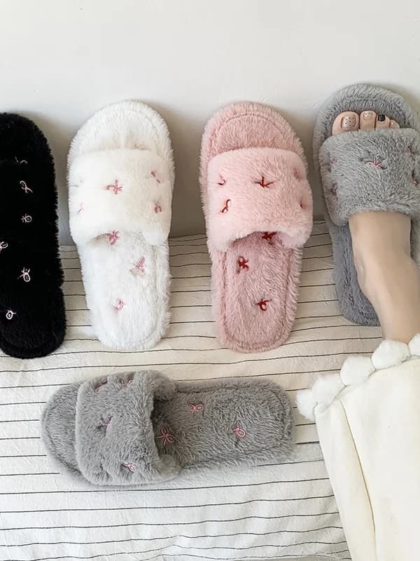 Pantofole Invernali da Casa in Morbida Pelliccia Sintetica da Donna, alla Moda, con Nodo Ricamato, in Cotone, Comode