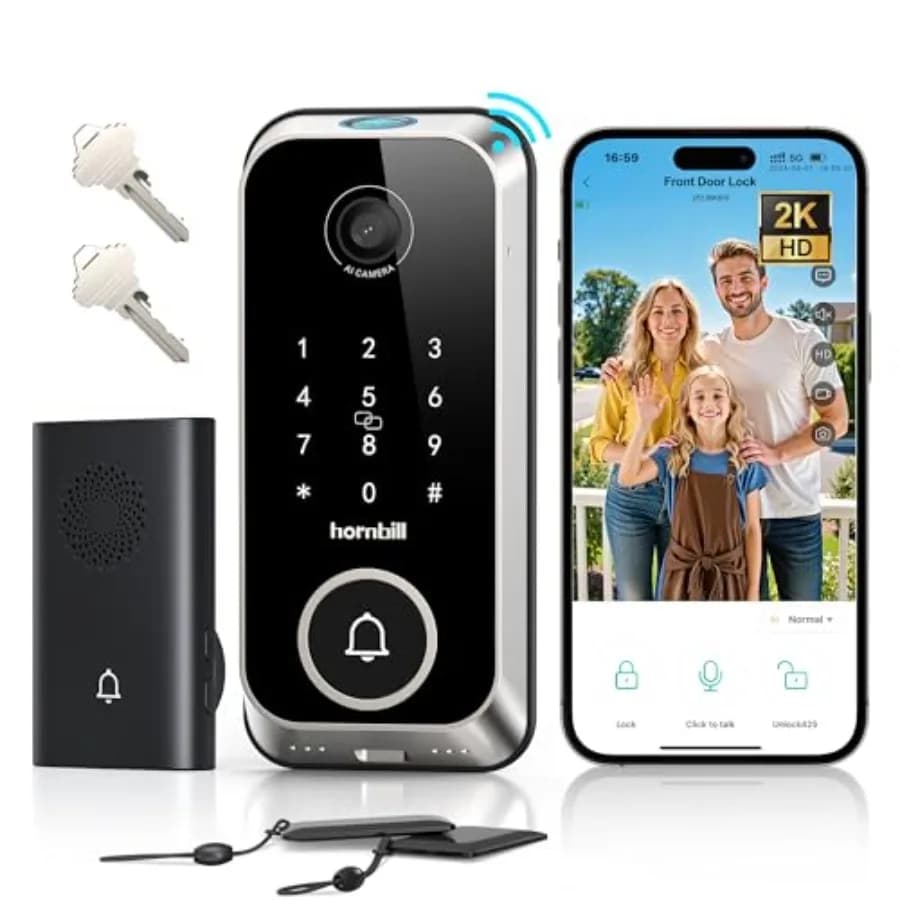 Serratura Intelligente con Videocamera 10-in-1, Campanello con Telecamera 2K, Ingresso Senza Chiave con Impronta Digitale, Serratura per Porta con WiFi Integrato, Deadbolt 2.4G