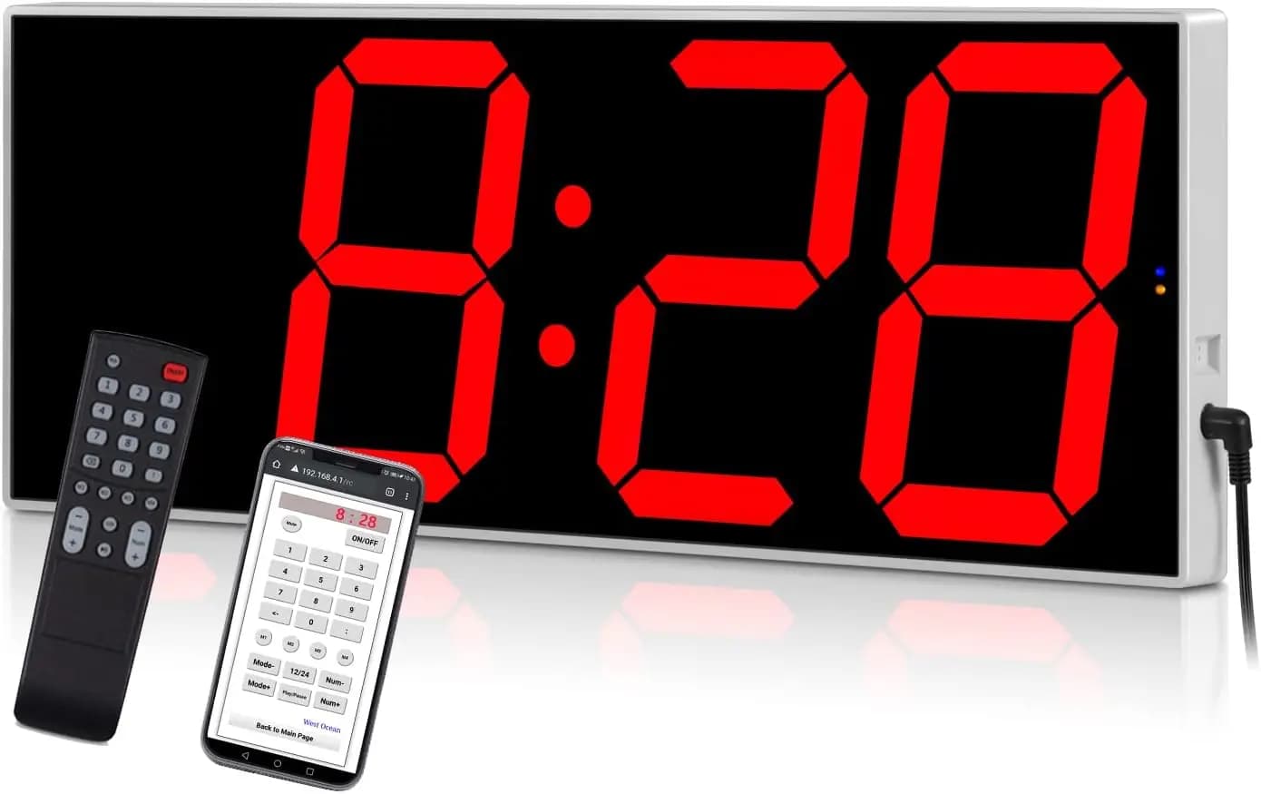 Large wall clock WiFi digital smart LED with 6" digits, countdown, DST, multifunction (red)