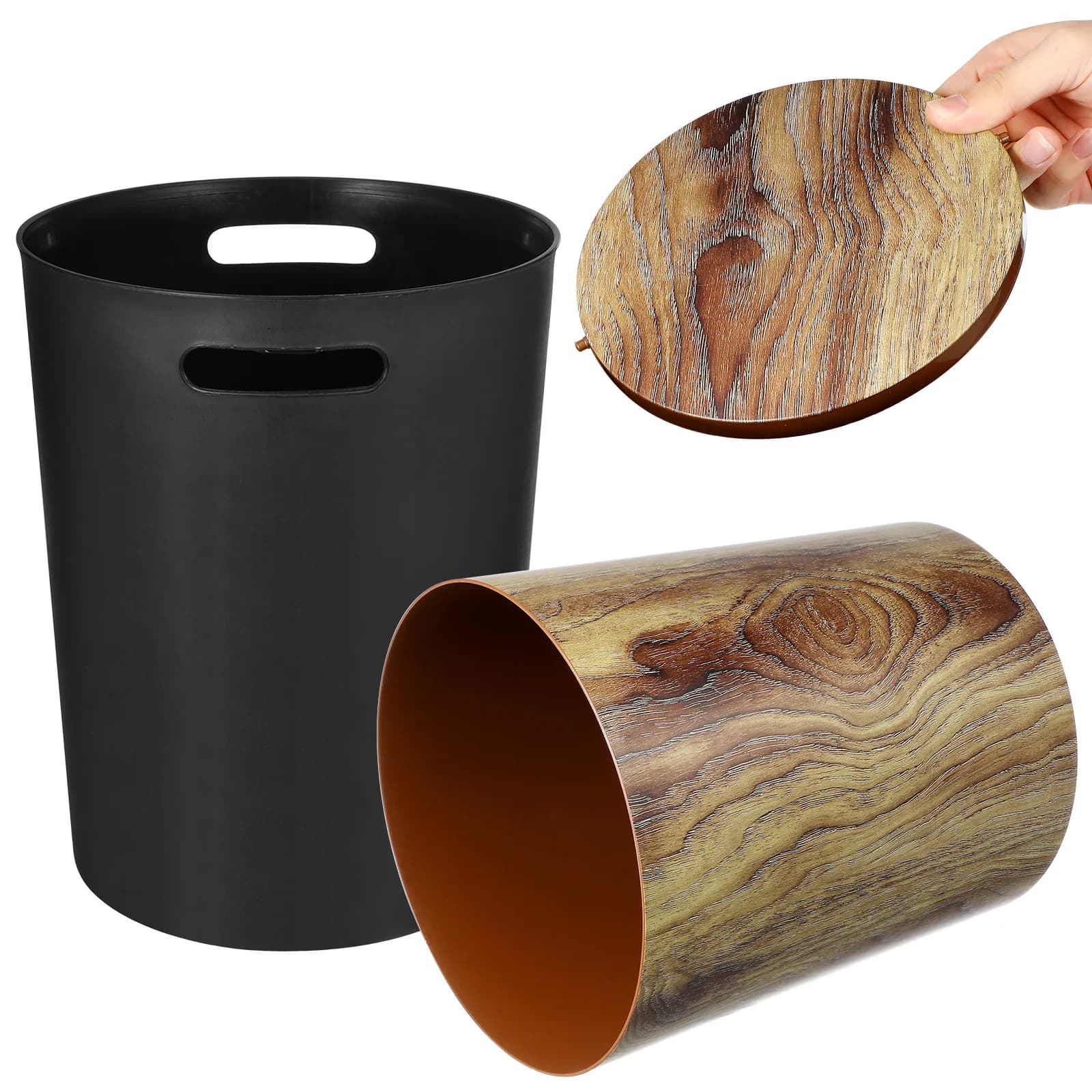 Imitation Wood Grain Trash Can Swing Lid Round Household Garbage Bucket Lightweight PP Material Home Office Bathroom Kitchen Bin