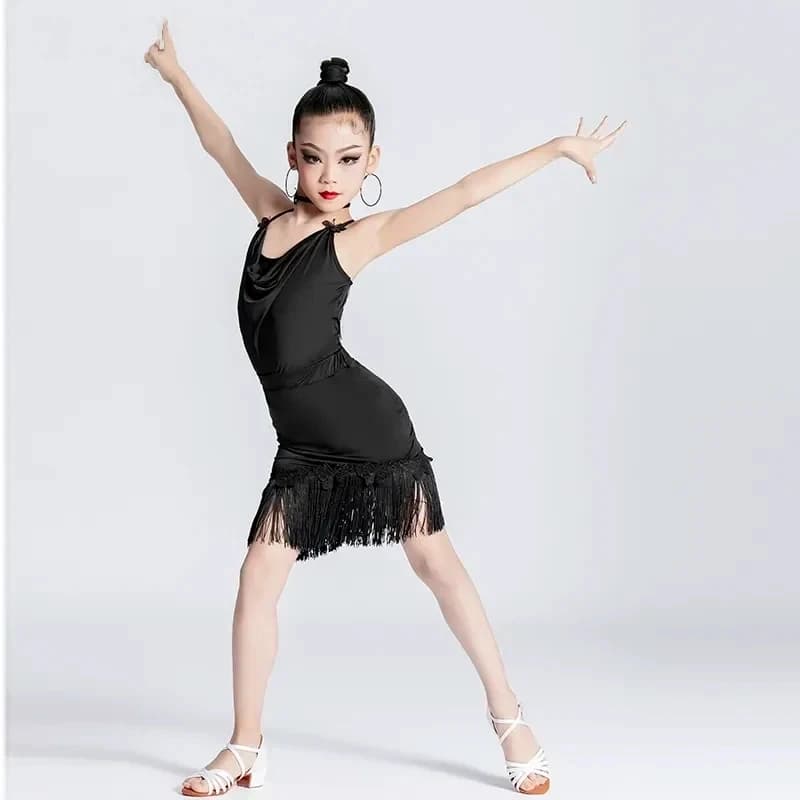 Abito da ballo latino per bambina, sexy, senza maniche, con schiena scoperta, nappe a farfalla, per pratica di Tango, Cha Cha e Danze da Sala
