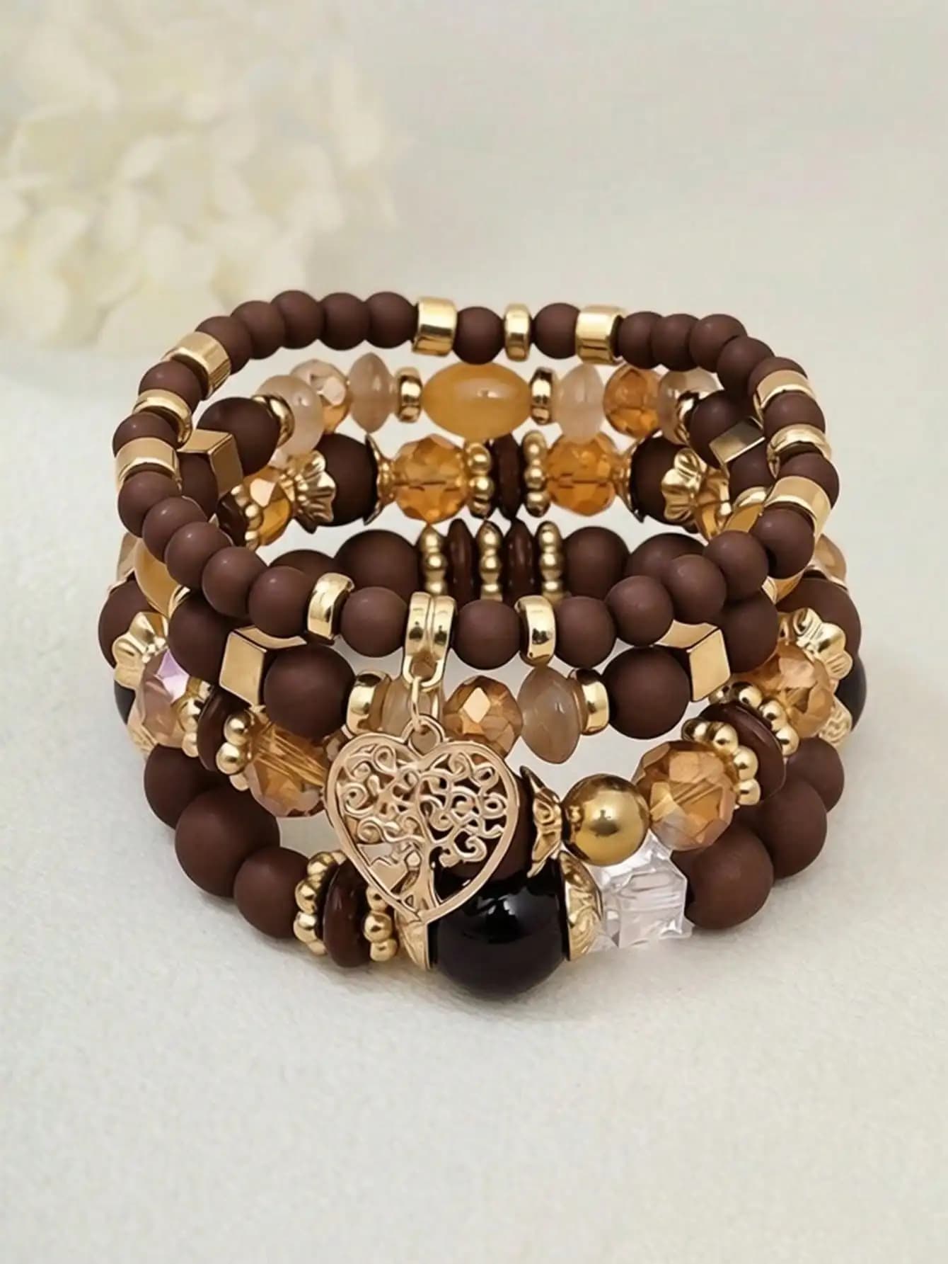 4pcs/Set Bohemian Style Multilayer Bracelet Set With Heart, Tree Of Life, Acrylic Beaded Pendants, Suitable For Women's Daily Wear, Events, Parties