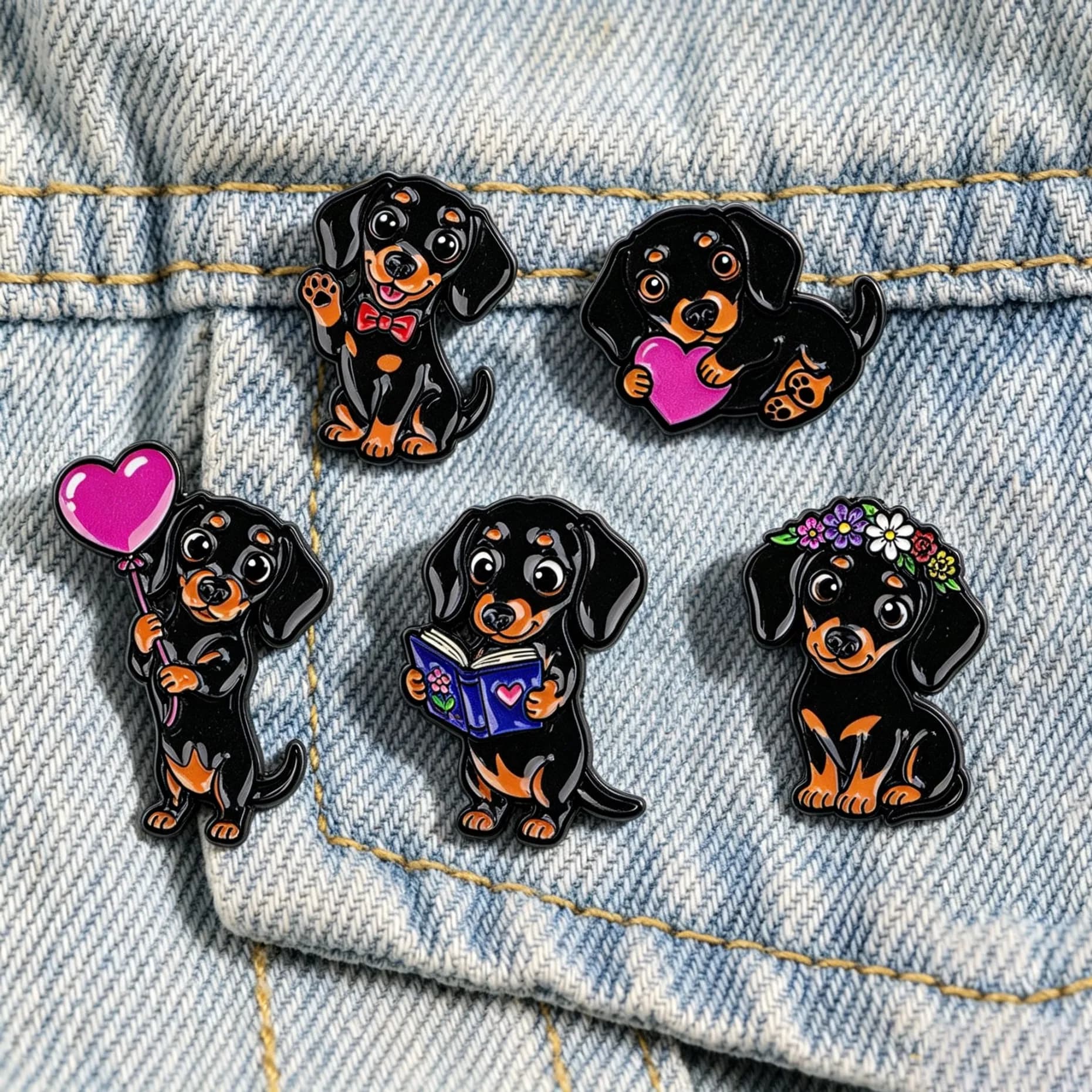 Cute Dachshund Dog Enamel Pins Cartoon Sausage Puppy Lapel Brooches Heart Flower Book Design Metal Badges Decor For Jacket