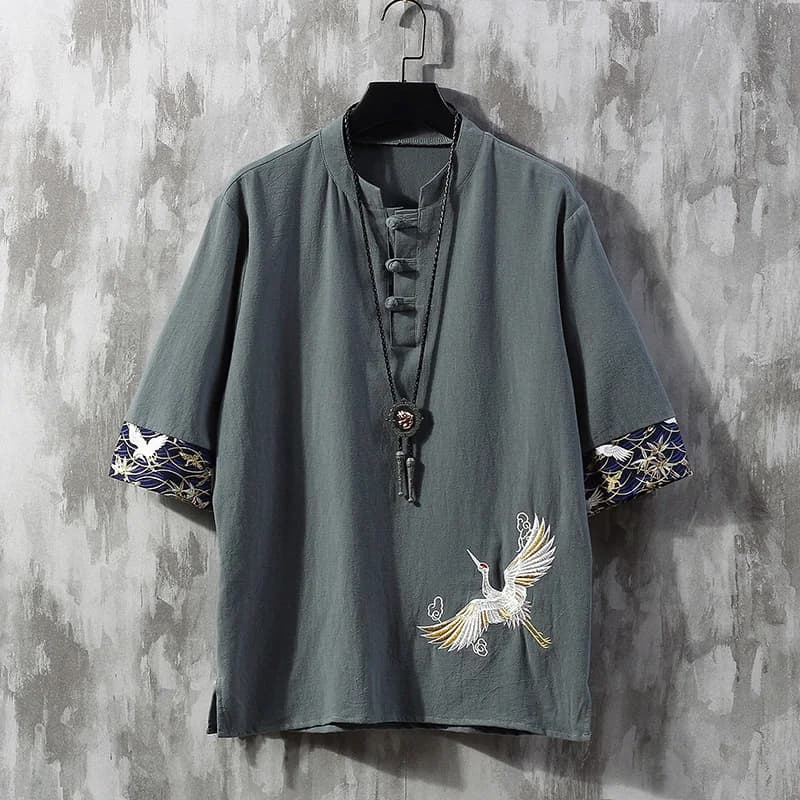 T-shirt in lino con bottoni a disco in stile cinese T-shirt estiva da uomo a maniche corte T-shirt ampia di grandi dimensioni Kimono giapponese da uomo Nuovo
