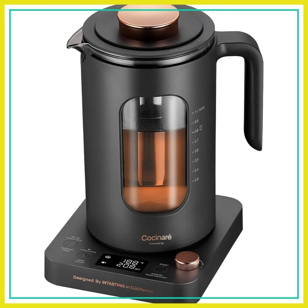 Bollitore elettrico con infusore, ±1 ° Manopola di controllo F, vetro senza BPA, 1200W, 1L, grigio scuro