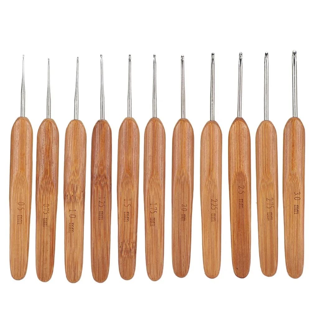 11pcs Ergonomic Bamboo Handle Crochet Hooks Set Mix Size Portable Knitting Needles Set Braiding Weaving Tool For Braiding
