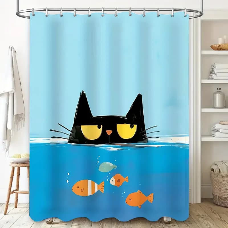 Tenda da doccia impermeabile con motivo a forma di pesce gatto nero unico per gli amanti dei gatti, arredamento eccentrico per il bagno, aggiunge divertimento, stravagante, gancio gratuito