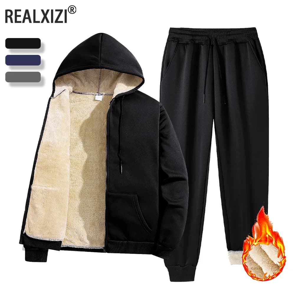 Men's Tracksuits Winter Lambswool Warm Hooded Zipper Jackets +Plush Thickened Long Pants Two-piece Set Men's Outdoor Sportswear