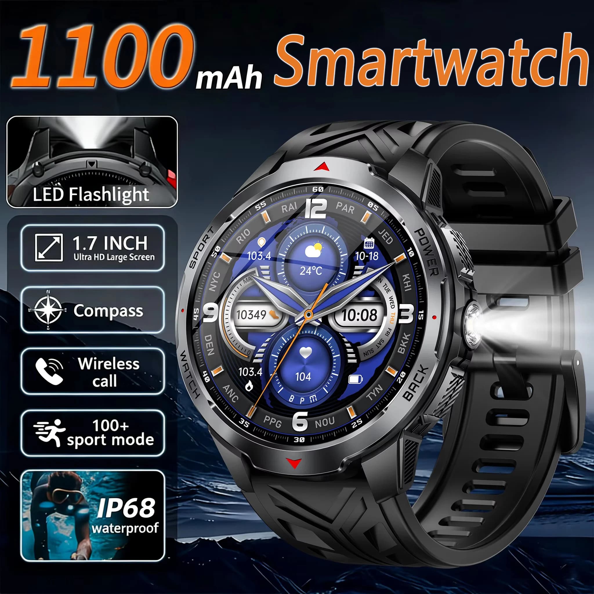 Nuovo Smartwatch Uomo 1100mAh Lunga Autonomia, Orologio Intelligente da Esterno IP68 Impermeabile, Cardiofrequenzimetro, Chiamate BT, Grande Batteria