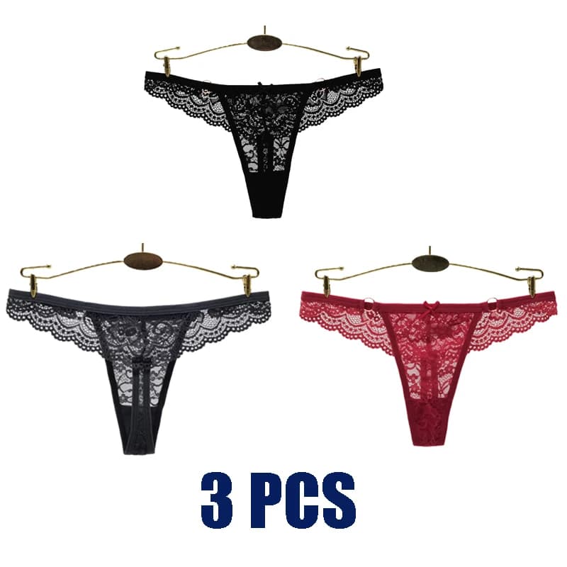 Set di 3 Pezzi: Perizoma Sexy in Pizzo per Donna, Stile Europeo e Americano, Mutandine a Vita Bassa Tinta Unita, G-String Sexy in Pizzo