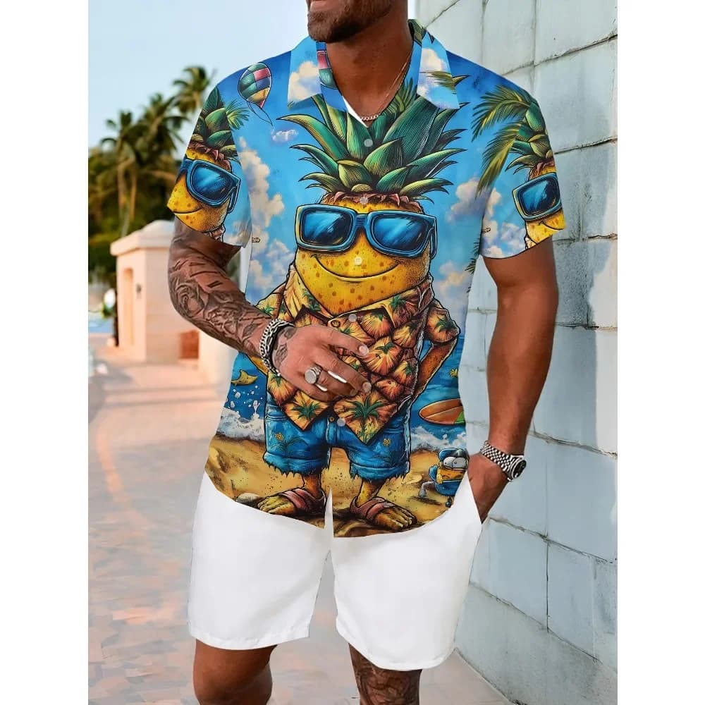 Camicia Hawaiana con Stampa 3D di Ananas per Uomo e Donna, Casual, Comoda, Trendy, Divertente, da Spiaggia, Manica Corta, Estiva