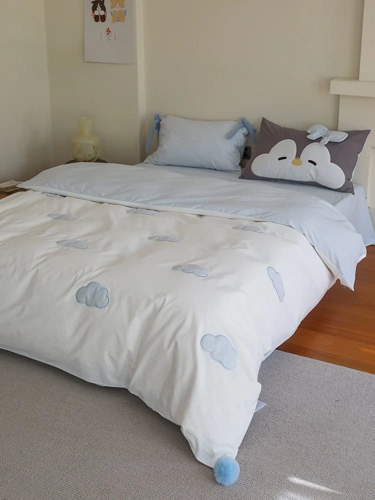 Pure Cotton Bed Linen Set with Penguin Pattern, 4 Pieces, Washed and Delicated on Leather: Sheets, Cover, Loyalty and Quilt Set