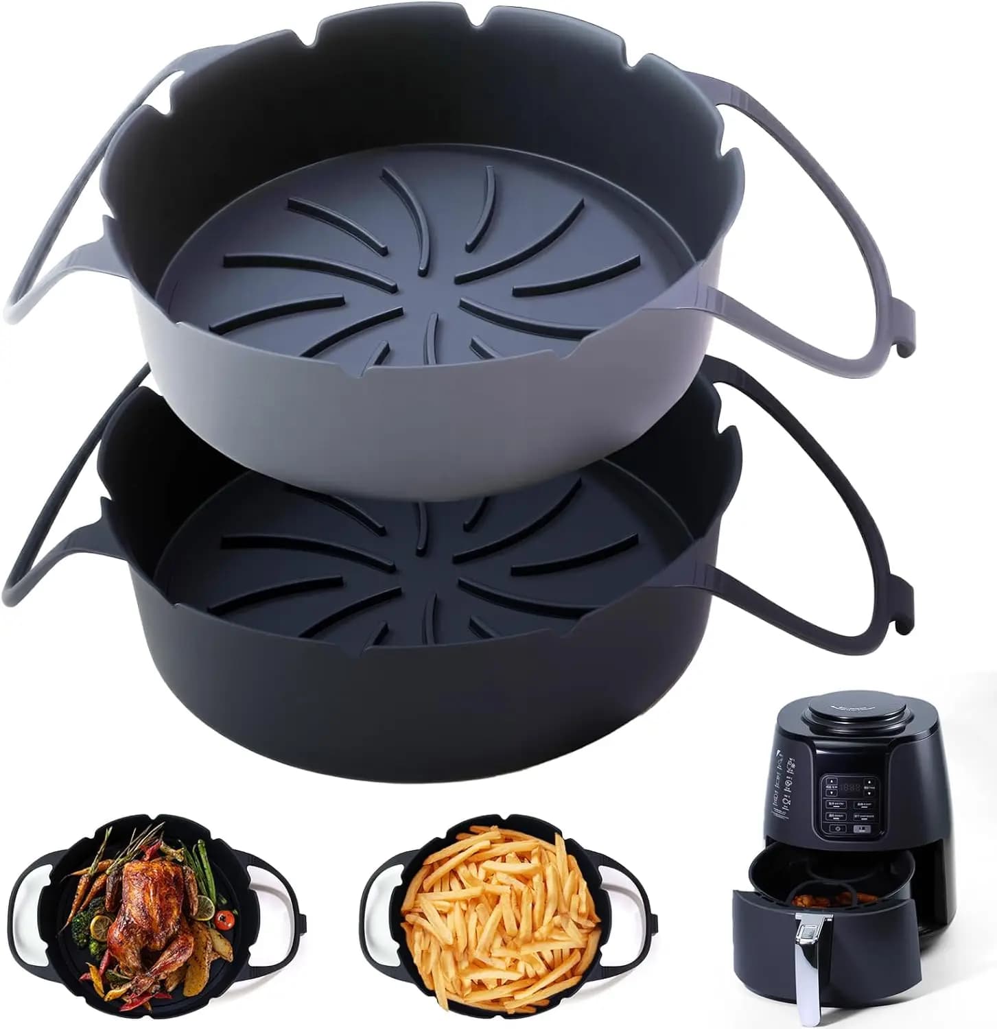 Set of 2 Silicone Round Covers for Air Fryer, Reusable Basket Reinforced with Shield Handle, Suitable for 4-5.5QT Fryers