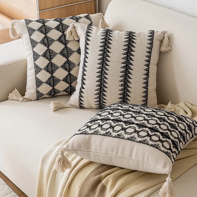 Fodera per cuscino Boho in cotone spesso e lino a righe Fodera per cuscino da tiro con nappa per la casa, divano, camera da letto, comodino