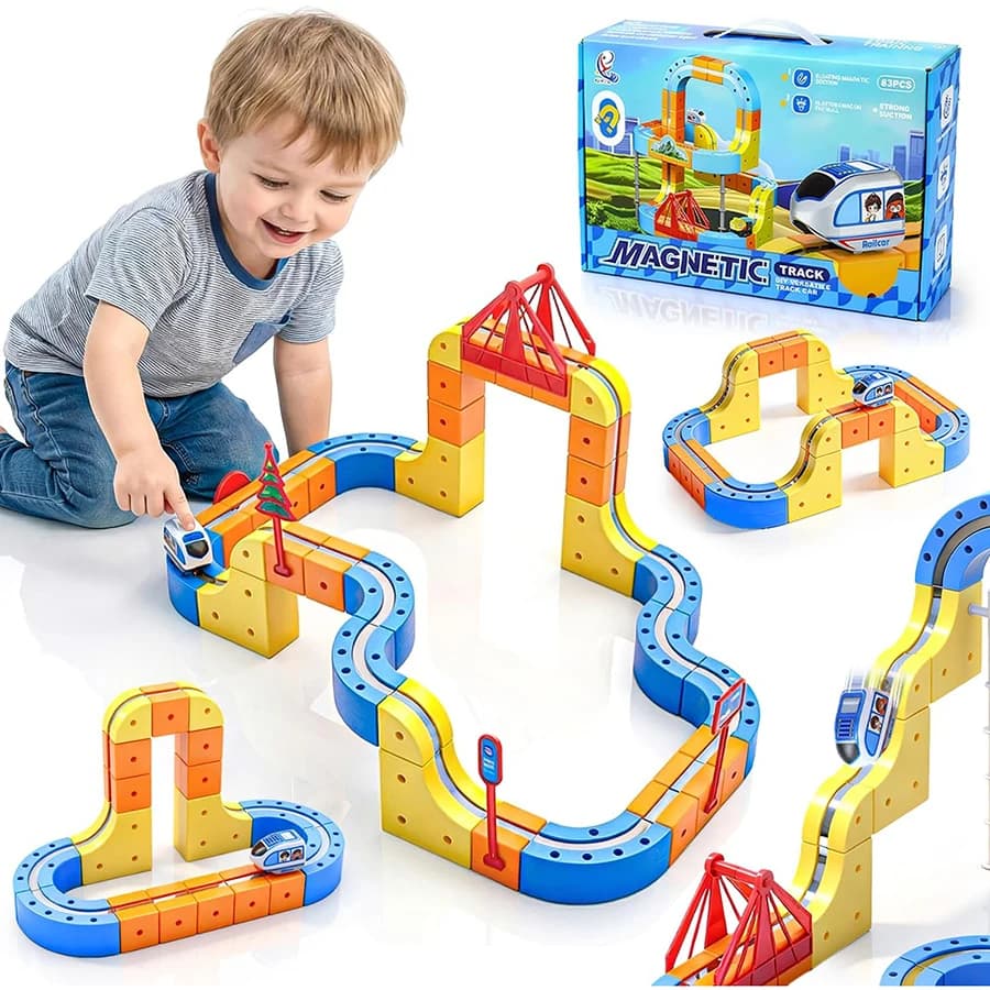 Set di Binari Elettrici Magnetici Flessibili per Trenini, Pista da Corsa per Bambini, Giocattolo Educativo STEM per Costruzioni