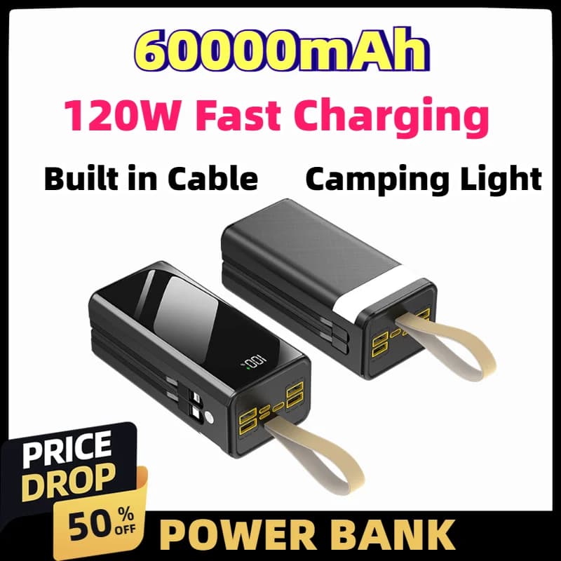 60000mAh Power Bank Fast Charging with Built in Cable Camping Light Outdoor Portable Battery for Travel Emergency Smartphones