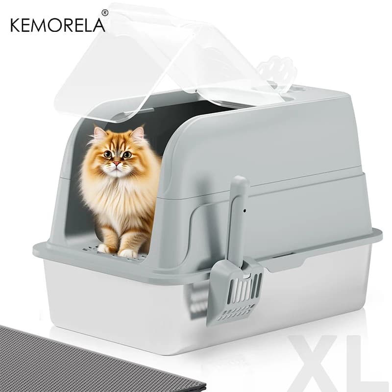 KEMORELA Lettiera per gatti chiusa in acciaio inossidabile con coperchio e paletta, vassoio a prova di perdite per gattini in metallo su alta faccia per gatti piccoli e grandi