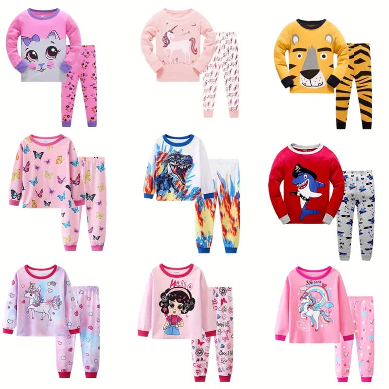 Set pigiama in cotone rosa girocollo con stampa unicorno Casual da 2 pezzi per ragazze