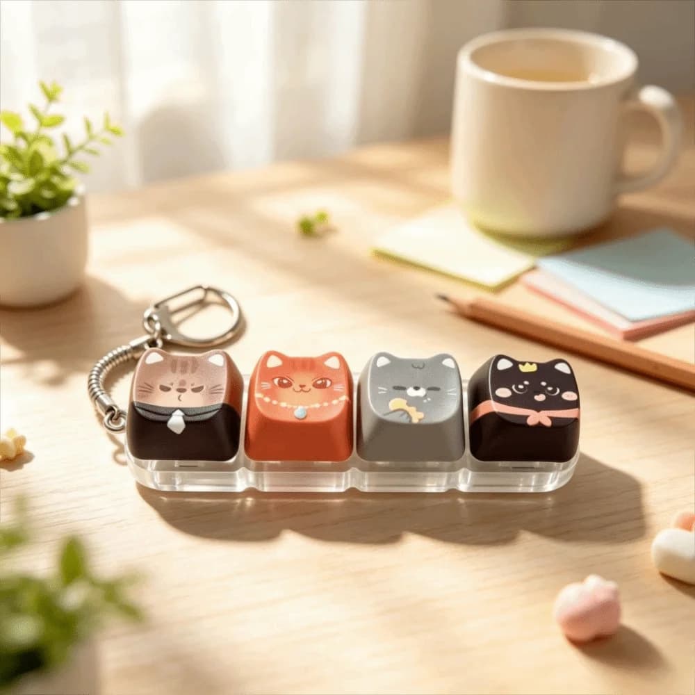 Finger-Tip Pressing Button Cat Fidget Clicker Keychain 4-Key Cute Cat Cat Mechanical Keyboard Keyring Kawaii Creative
