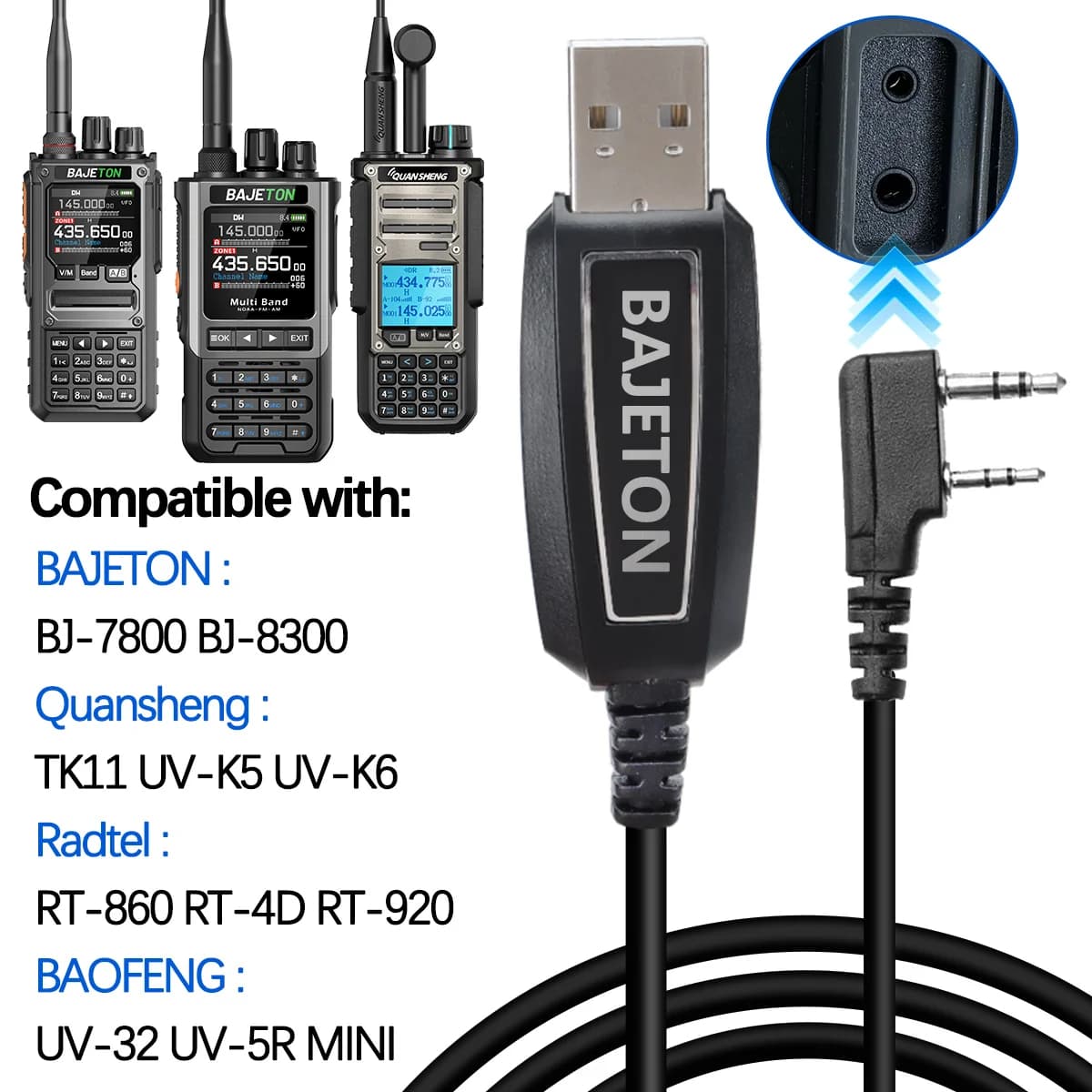 BAJETON Walkie Talkie USB Programming Cable Spina K for BJ-8300 BJ-7800 BT8200 Quansheng UV-K5(8) UV-K6 Baofeng UV-5R Mini Radio