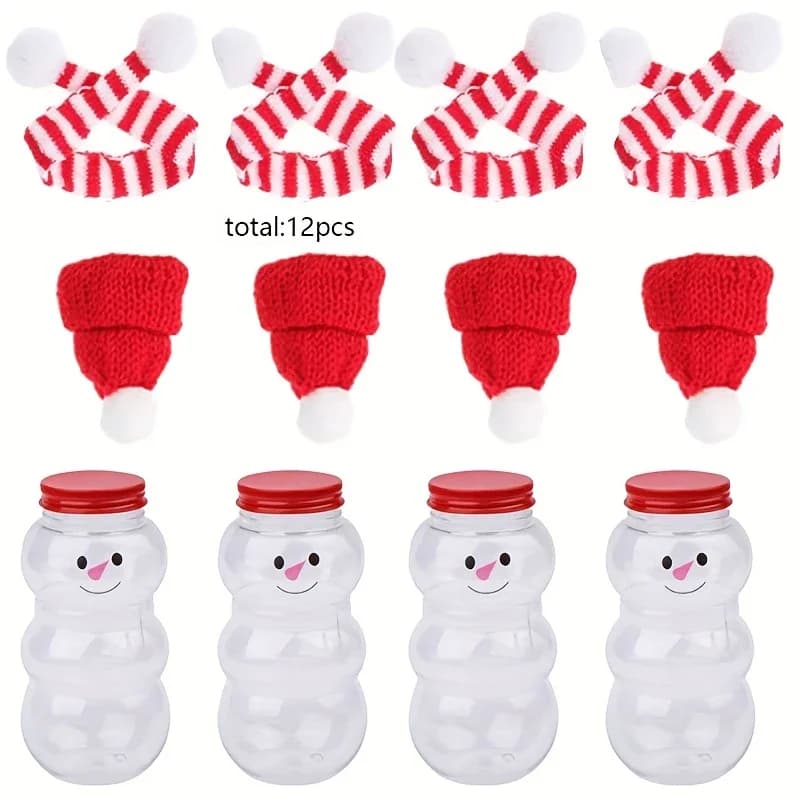 Grazioso set di barattoli decorativi in plastica a forma di pupazzo di neve natalizio, include 4 barattoli, 4 cappelli e 4 sciarpe per decorazioni natalizie fai da te.