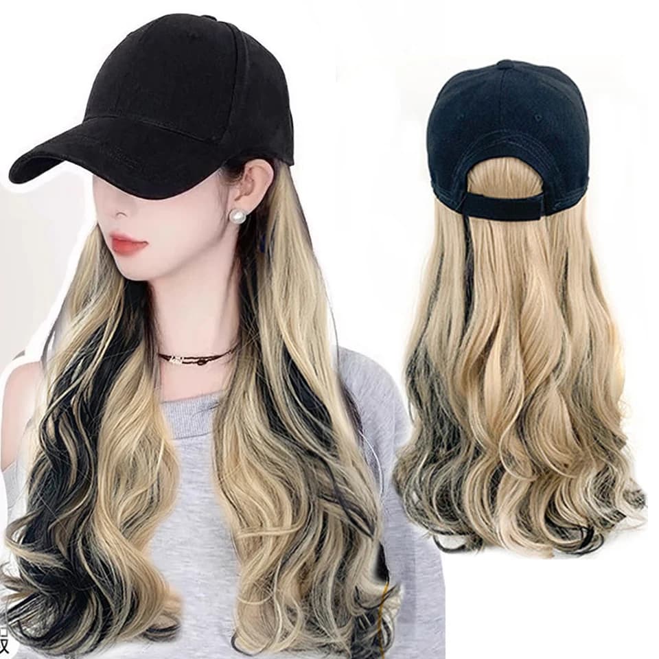 Hat Wig Long Wavy Golden Highlight Black Hair Baseball Cap Hair Extension Synthetic One Piece Hat Wig for Women Stylish Convenie
