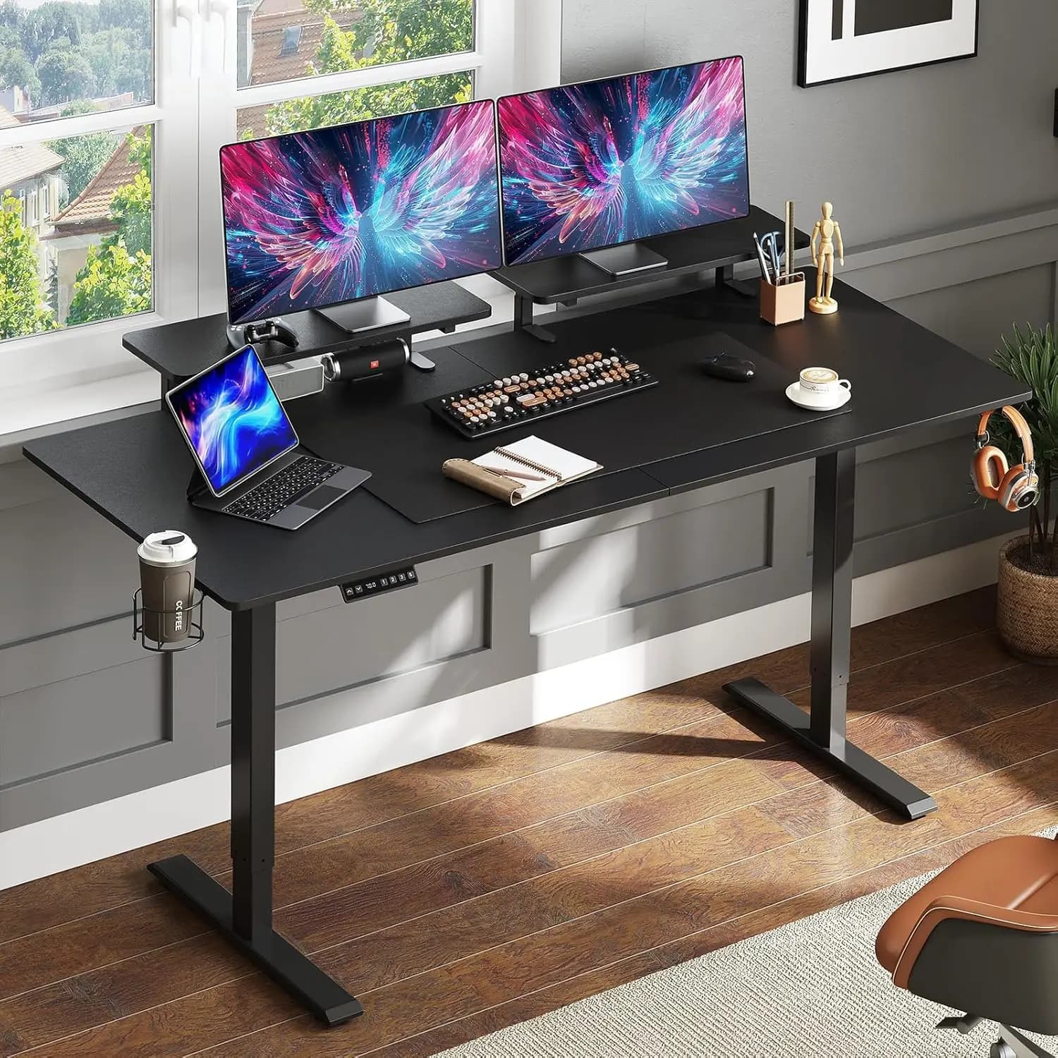 Height adjustable desk with 2 monitor shelves, 71 x 24 inch electric desk with memory controller, customizable
