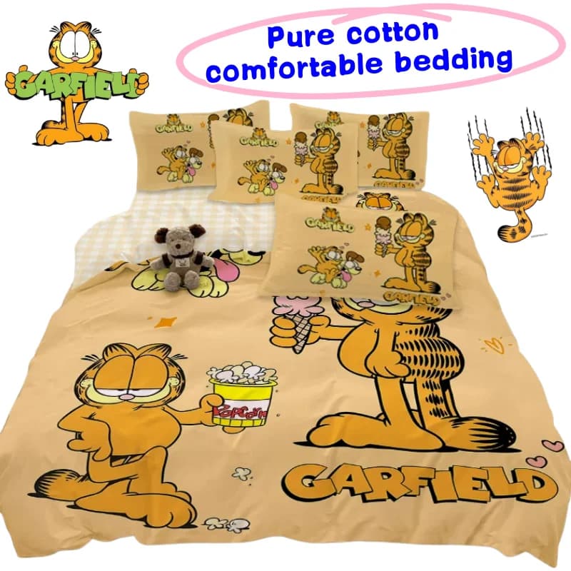 Nuovo Set di Biancheria da Letto Garfield Pooky in Quattro Pezzi, Cartone Animato Carino in Cotone Confortevole per Dormitorio Studentesco, Set di 3 Pezzi con Lenzuolo e Copripiumino