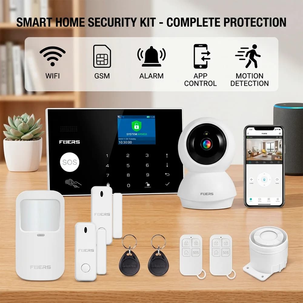 Sistema di Allarme Antifurto Domestico Wireless FUERS G30 WIFI GSM Compatibile con App Tuya, Controllo Sirena, Rilevatore di Movimento PIR, Sensore di Fumo