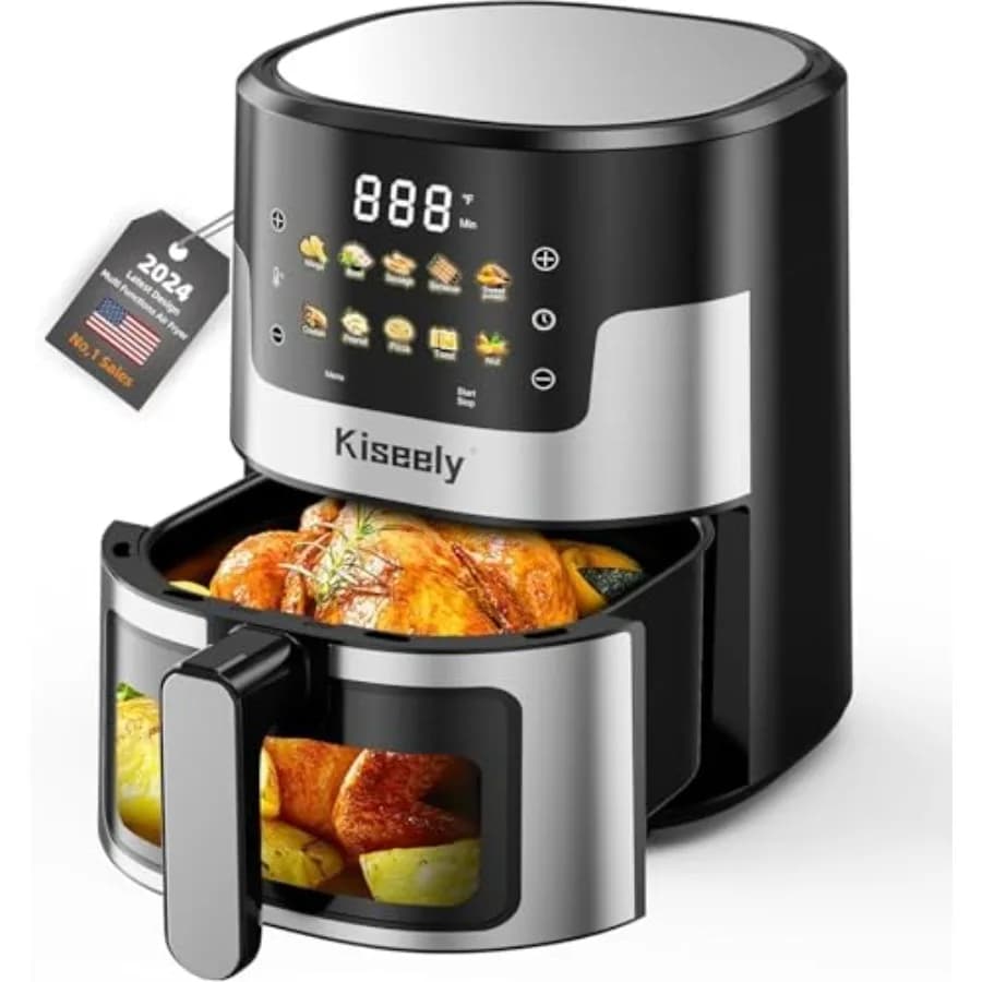 6 Liters Air Fryer with Glass Touch Screen, Stainless Steel Interior, Transparent Window, 10-in-1 Air Fryer Oven with Automatic Switching and Timer