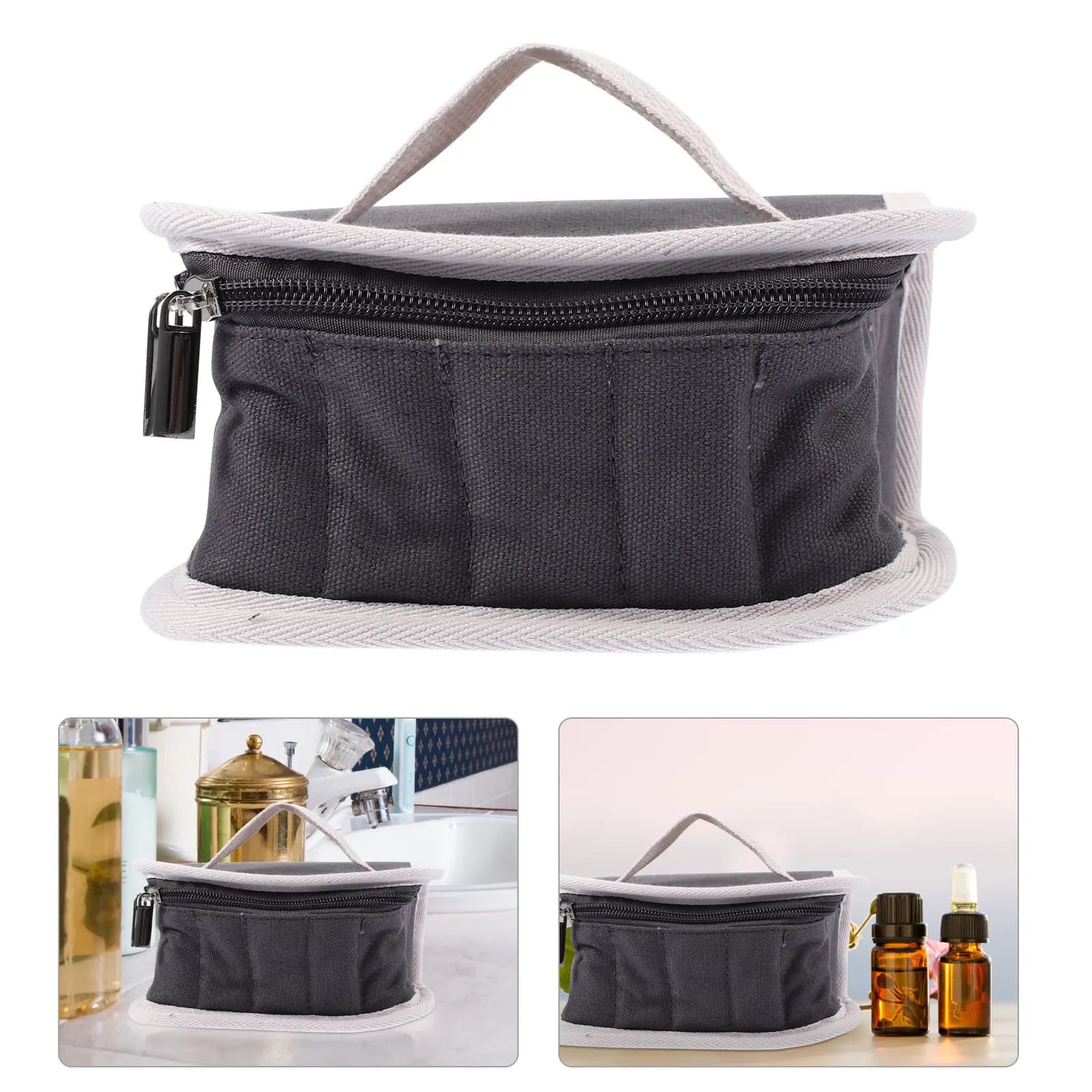 Borsa organizer per bottiglie di olio essenziale, tessuto resistente grigio, chiusura con cerniera, facile accesso, custodia portatile da viaggio