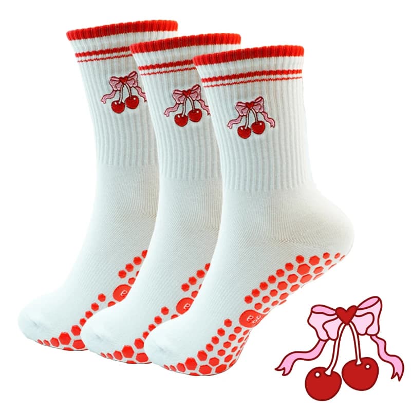 3 Paia di Calzini Yoga da Donna con Stampa Ciliegie, Calze a Mezza Gamba a Righe per Pilates, Calzini Antiscivolo Carini con Cuori e Fiocchi, Calze a Doppia Barra per Danza e Fitness