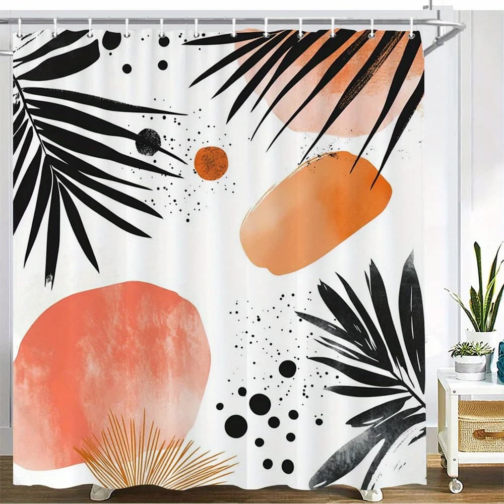 Tenda da doccia con design a foglie nere, arancioni e bianche da 1 pezzo, tessuto in poliestere, lavabile in lavatrice, adatta per la decorazione del bagno