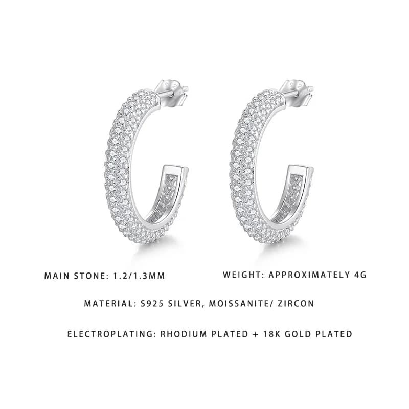 Sterling 925 Silver Luxury Circle Earrings 18K Gold Plated with Moissanite and 1.2/1.3mm Zirconia, Statement Jewels Rhodium