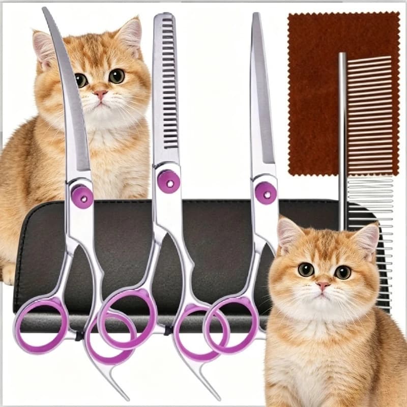 Set di 6 Forbici Professionali in Acciaio Inossidabile per Toelettatura Animali - Strumenti Curvi e Dritti per Taglio Pelo Cani e Gatti, per Casa e Salone