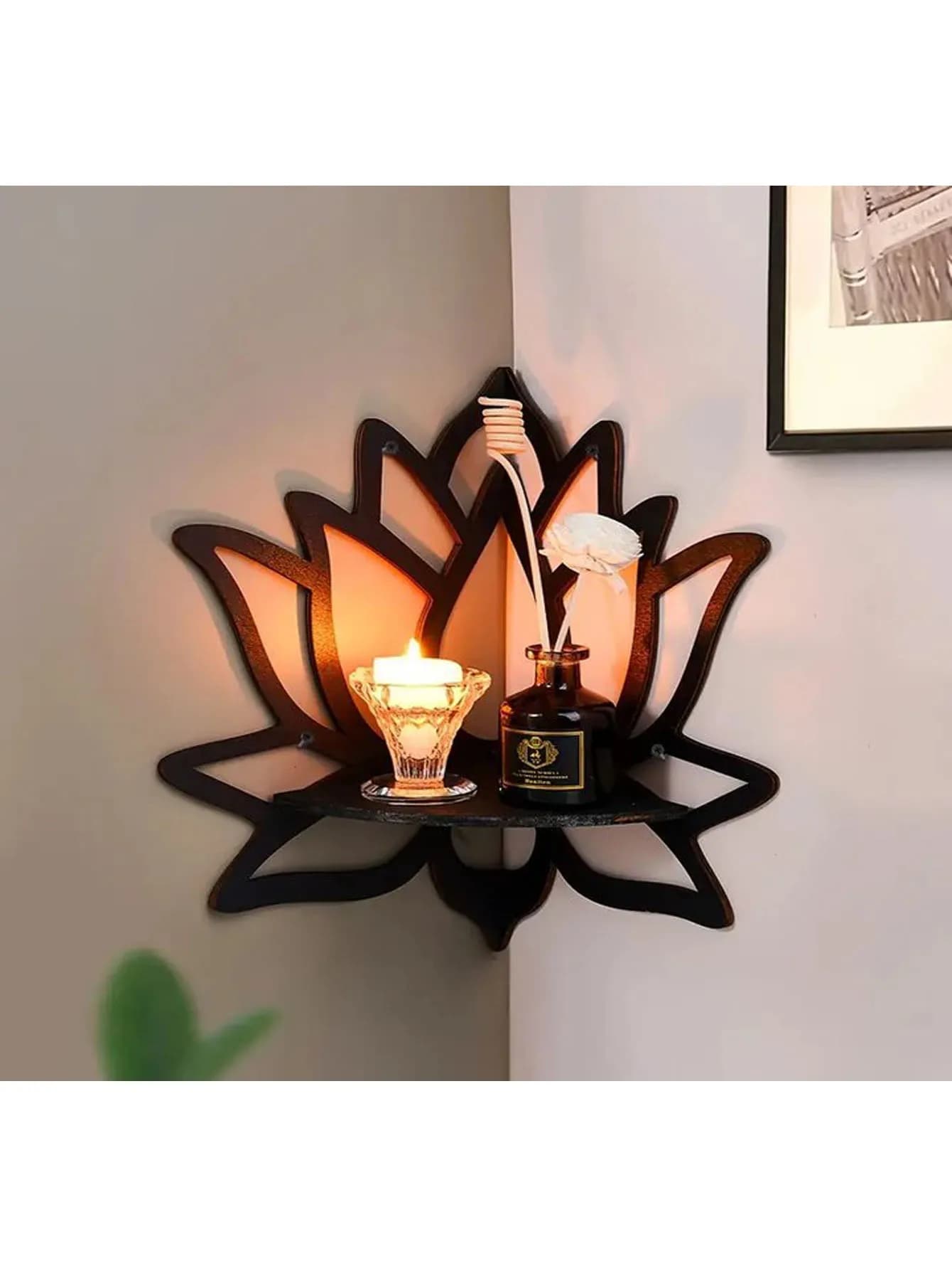 Wooden lotus hollow decorative rack, aromatherapy essential oil candle holder, wall mounted shelf, corner rack, home decoration