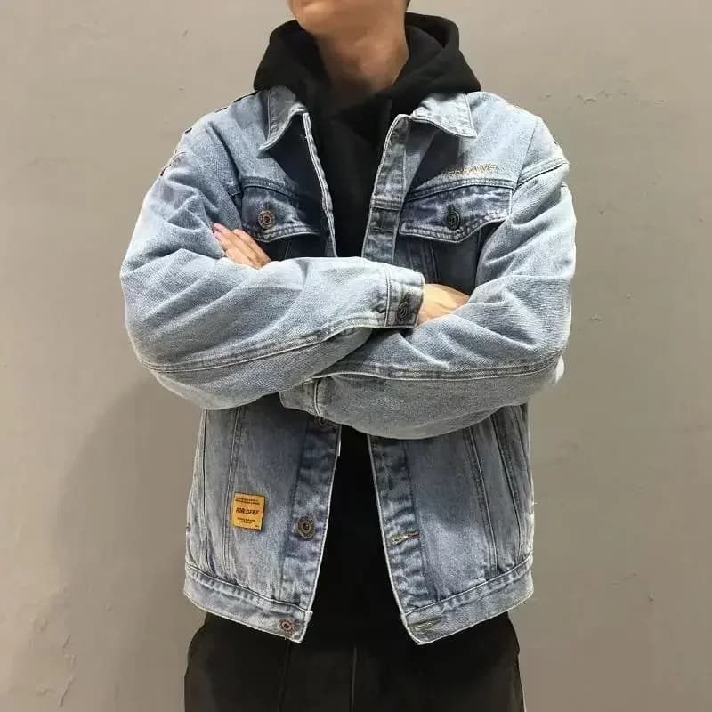 Denim Jackets Man Wide Shoulders Jeans Coat for Men Sleeves with Embroidery Blue New in Worn Winter Large Size Outwear JJ1271