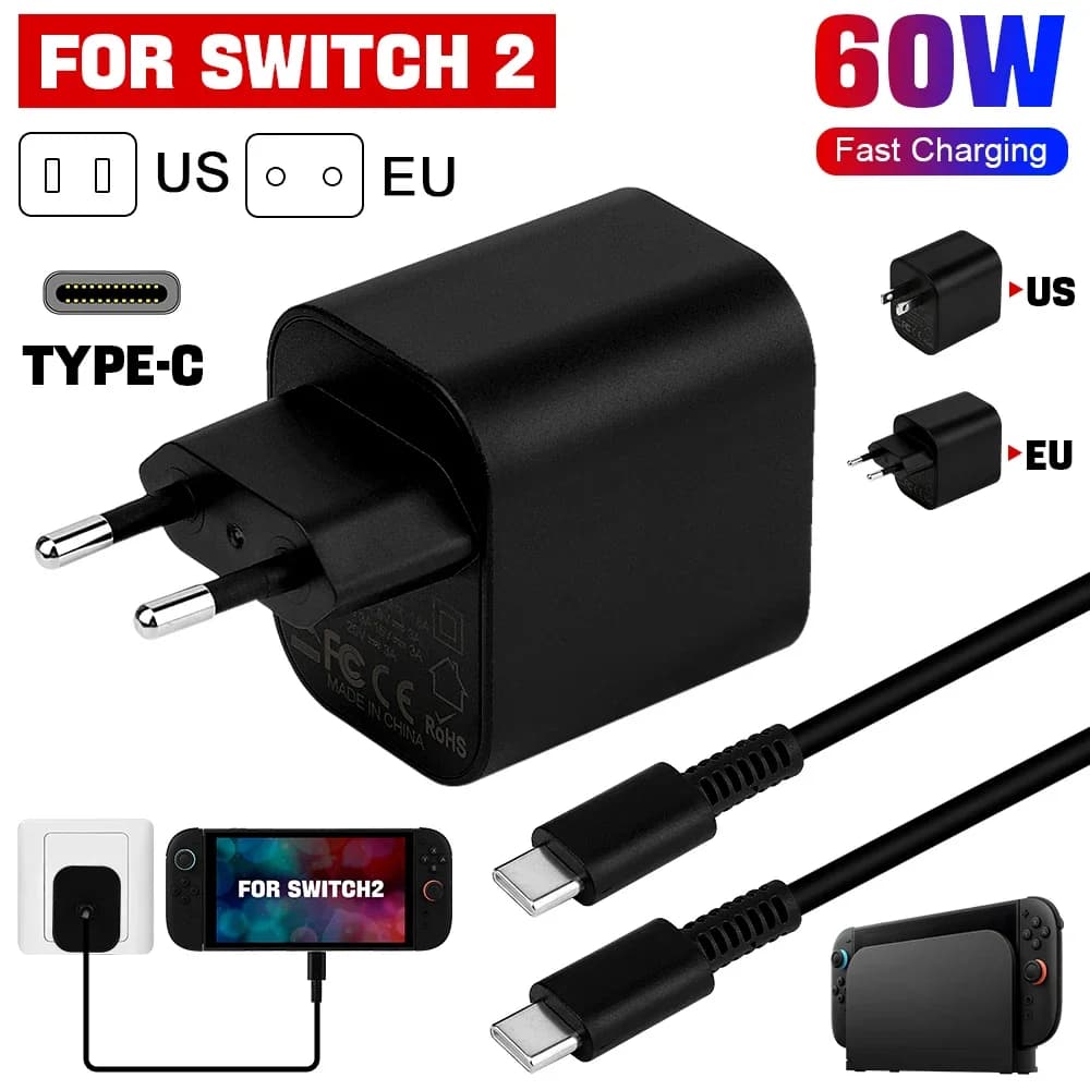 NUOVO Alimentatore AC da 60W per Switch 2 con Cavo USB Type-C, Adattatore di Alimentazione a Ricarica Rapida da 60W per Accessori Gaming Switch 2