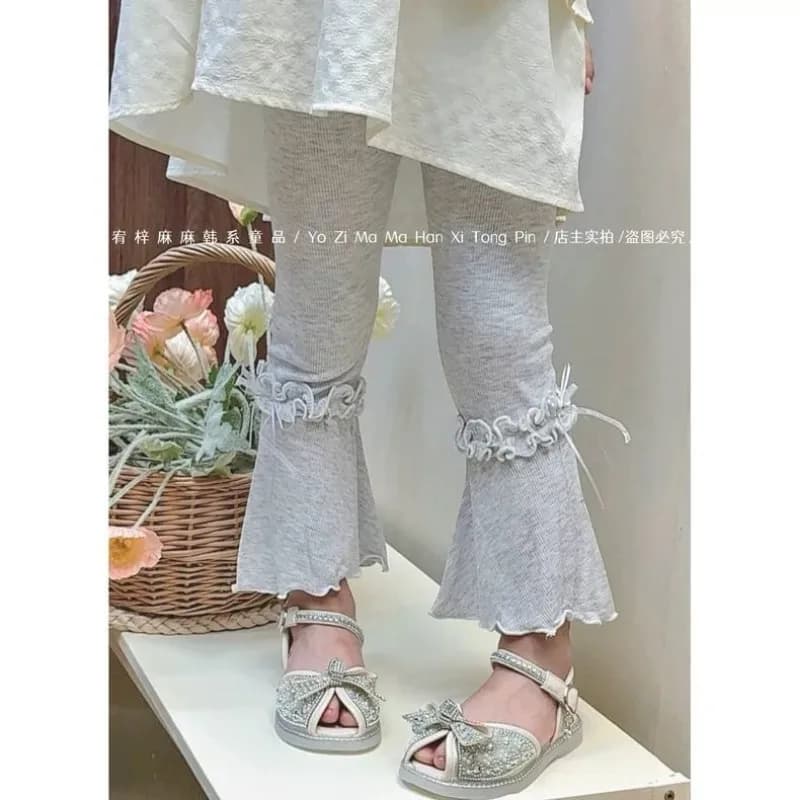 Girls Thin Ice Silk Flare Leggings Ruffle Bow Decor Elastic Slim Fit Kids Cropped Pants Summer